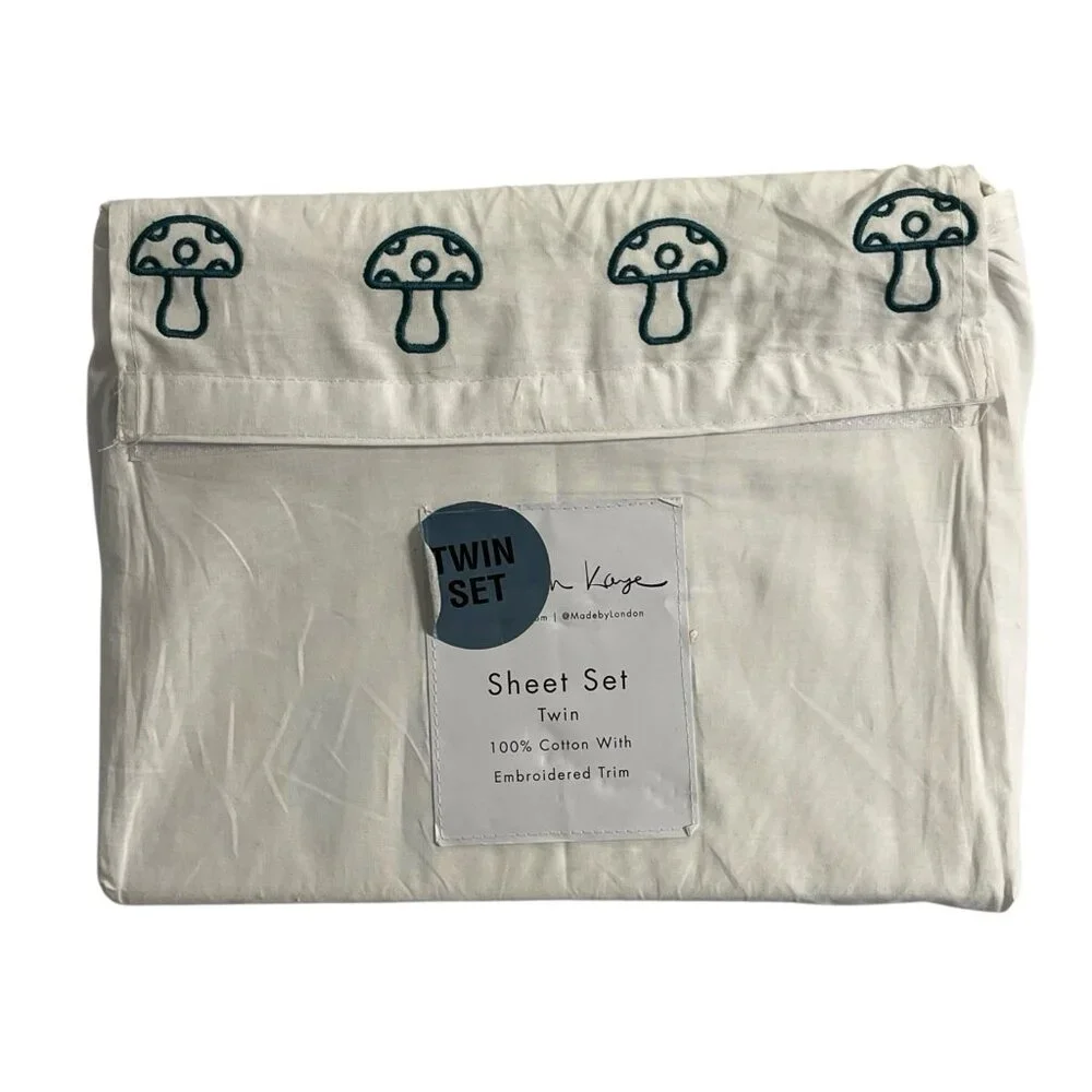 London Kaye Twin Sheet Set Green Mushroom Embroidered White Cotton 70s Retro‎
